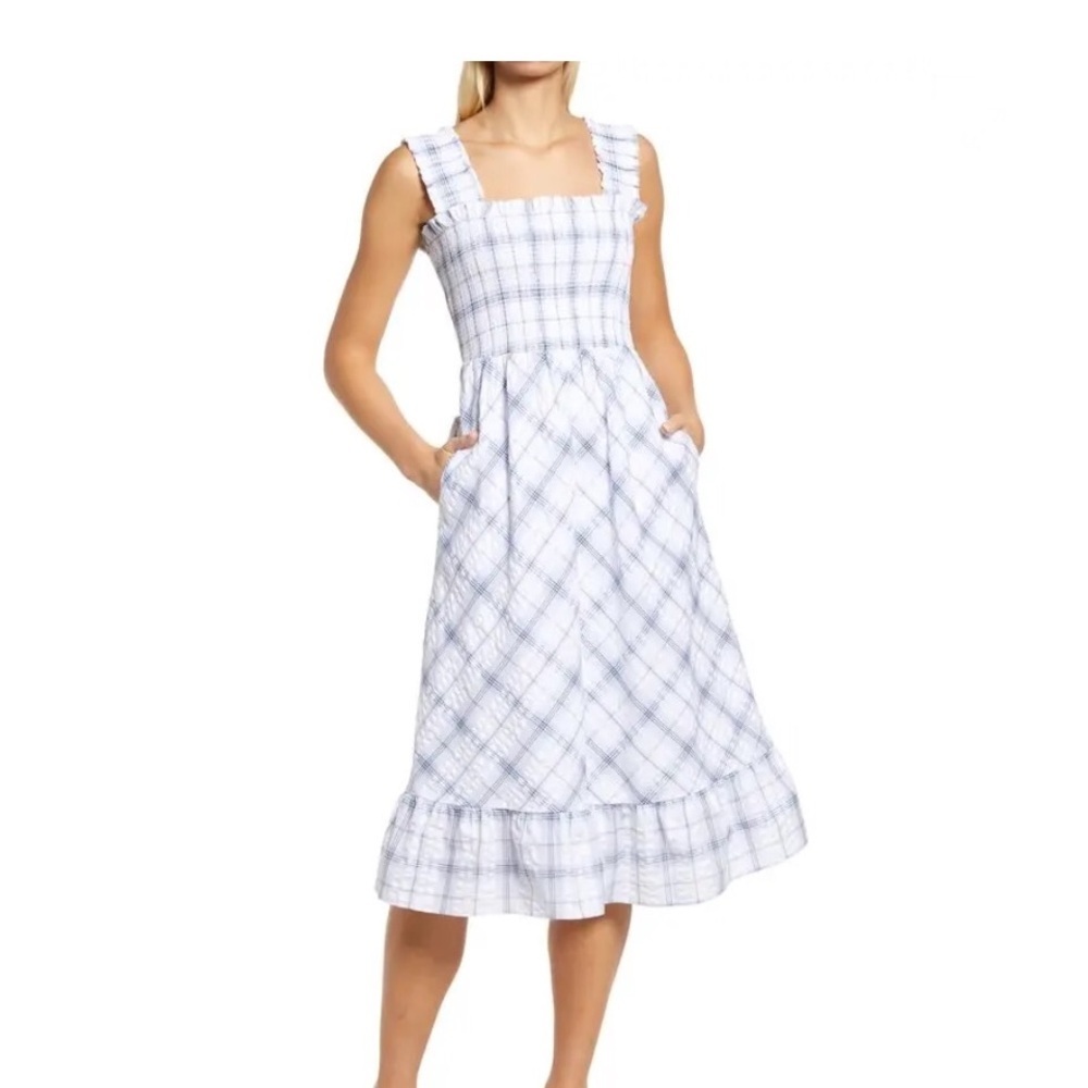 Eliza J White and Light Blue Plaid Midi Dress 10